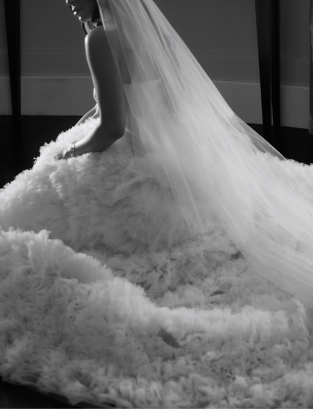 Vera Wang Ivory Strapless Ball Gown with Textured Feathered Skirt - Picture 2 of 5